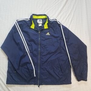 Adidas Jacket Men Medium Blue Colorblock Stripe Trefoil Zip Windbreaker Nylon